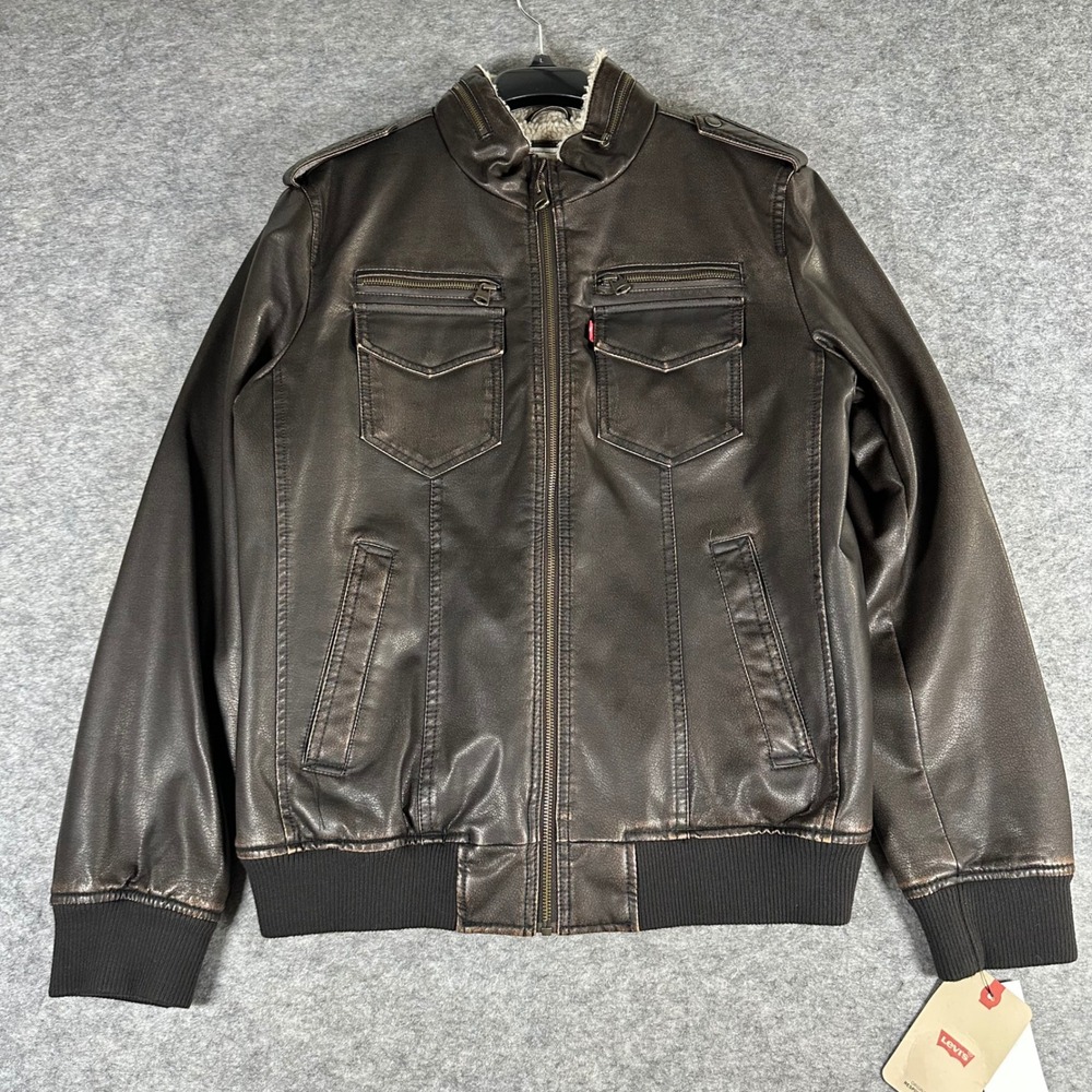 Levis Mens Dark Brown Faux Leather Sherpa Bomber Jacket M